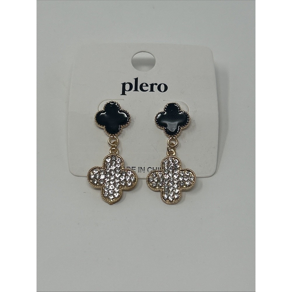 NWT Plero Black & Clear Rhinestone Drop Four Clover Earrings Gold Tone